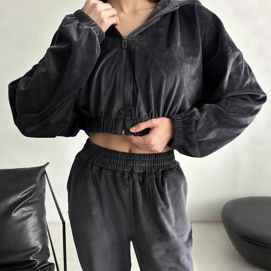 Damen Sportliche Velours-Jacke mit modernem Reißverschluss und elastischem Bund Heidi-Mode