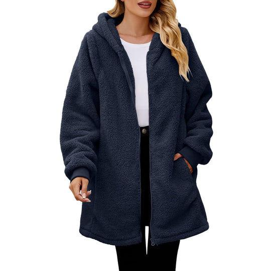 Damen kuschelige Fleecejacke mit Kapuze und seitlichen Eingrifftaschen Heidi-Mode