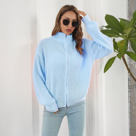 Damen lässiger Strickpulli mit hohem Kragen und Reißverschluss Heidi-Mode