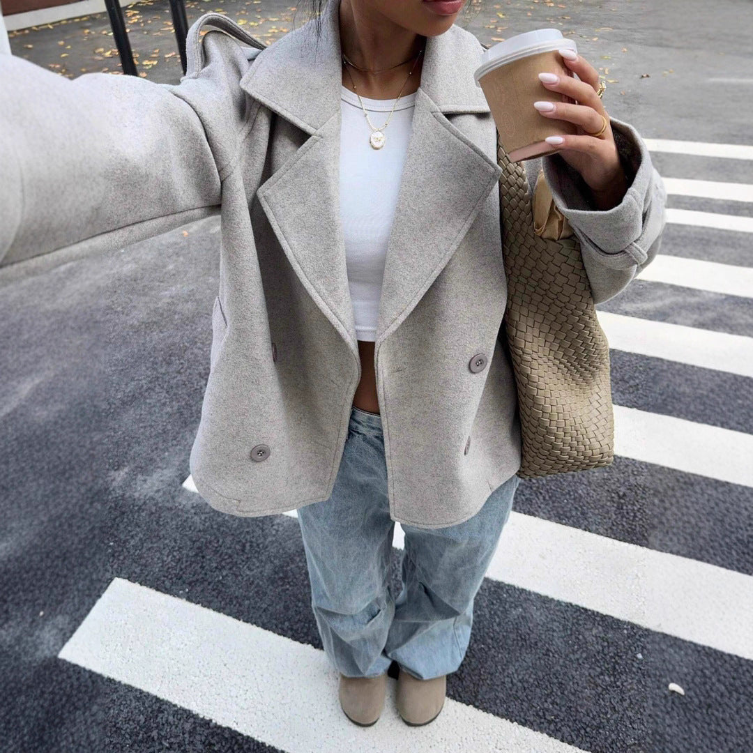 Damen modische Wolle-Lapel-Jacke mit Doppelreihe Heidi-Mode