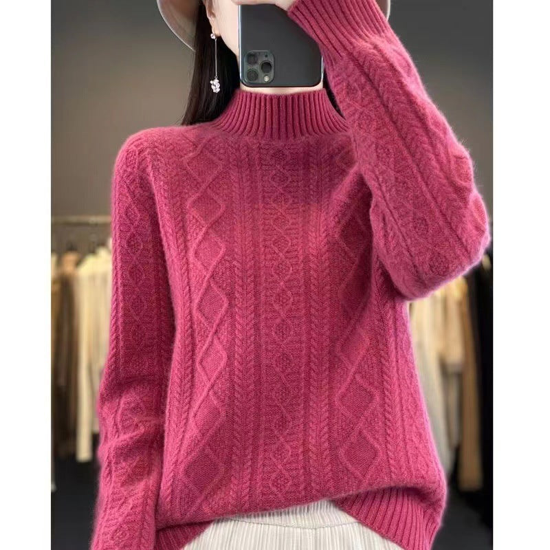Damen Hochwertiger Strickpullover mit Stehkragen und Zopfdesign Heidi-Mode