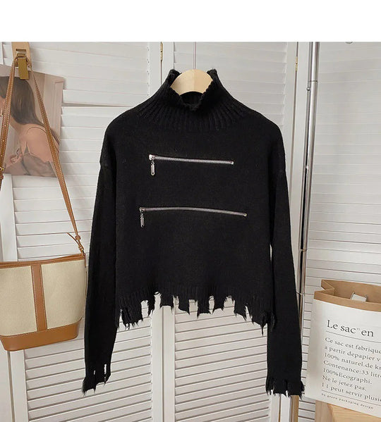 Damen stylischer Stehkragenpullover mit zwei asymmetrischen Reißverschlusstaschen und fransigem Saum Heidi-Mode