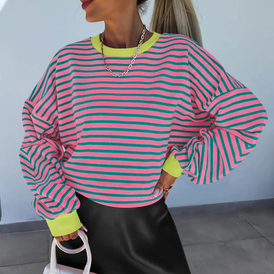 Damen Lässiges gestreiftes Sweatshirt mit voluminösen Ärmeln Heidi-Mode