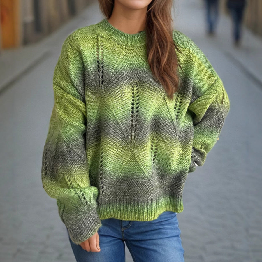 Damen lässiger Strickpullover mit modernem Lochmuster und voluminösen Ärmeln Heidi-Mode