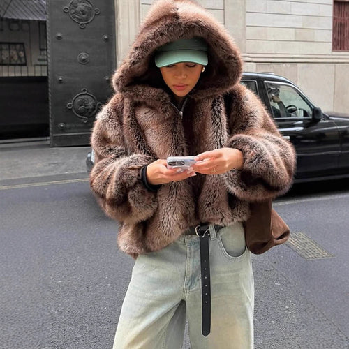 Damen Kuschelige Kunstpelzjacke mit Kapuze Heidi-Mode