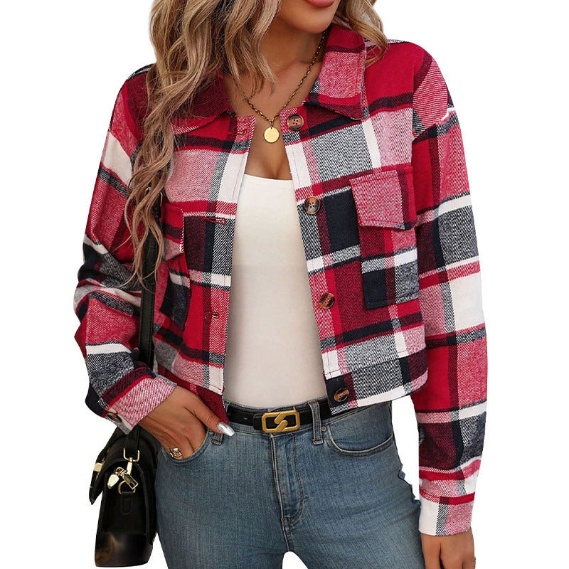 Damen Karierte Baumwolljacke mit modischem Schnitt und Taschen Heidi-Mode