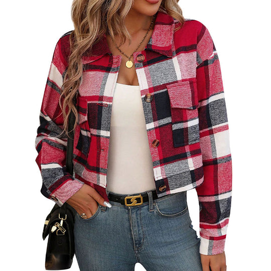 Damen Karierte Baumwolljacke mit modischem Schnitt und Taschen Heidi-Mode