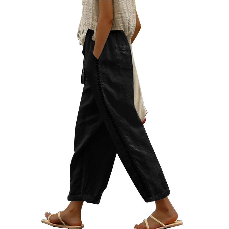Damen Leichte Leinenhose mit seitlichen Knopfdetails Heidi-Mode