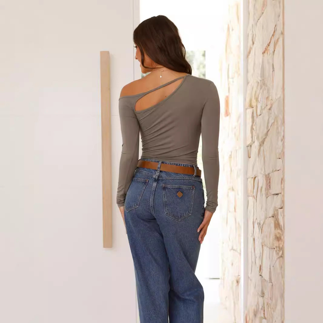 Damen Asymmetrisches Langarmoberteil mit frechem Ausschnitt und figurbetontem Schnitt Heidi-Mode