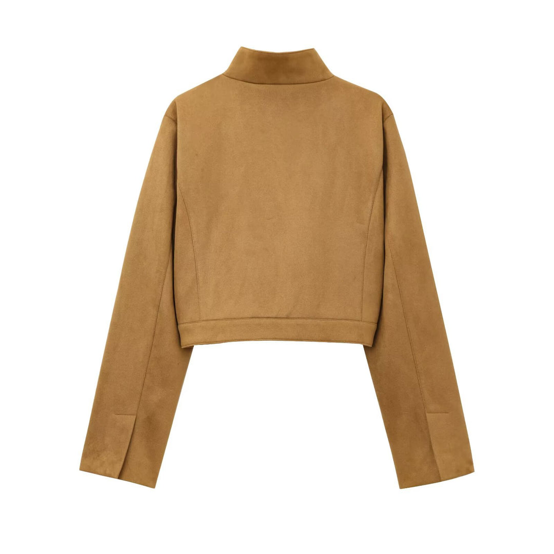 Damen kurze Kunstlederjacke mit elegantem Kragen und praktischen Taschen Heidi-Mode