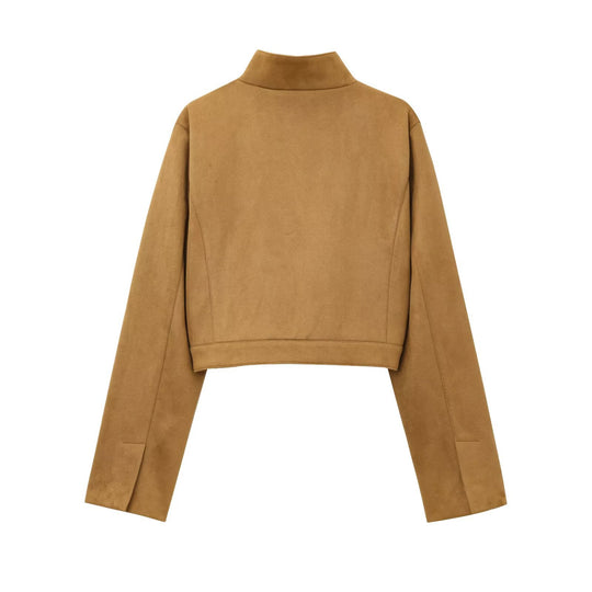 Damen kurze Kunstlederjacke mit elegantem Kragen und praktischen Taschen Heidi-Mode