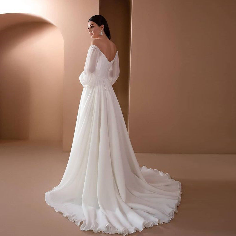 Heidi-Mode | Off Shoulder Langarm Weiß Brautkleid