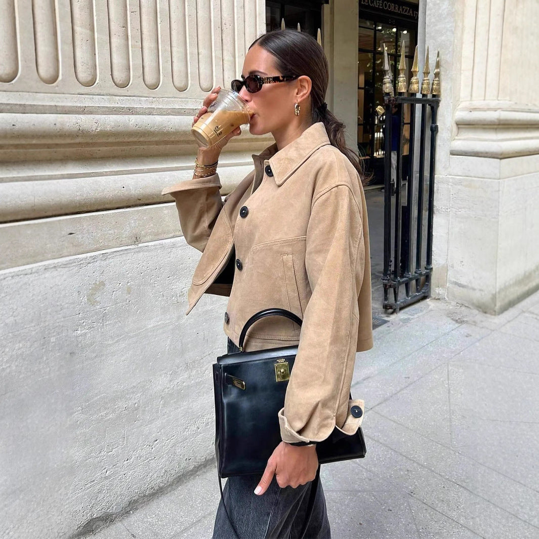 Damen cropped Jacke aus weichem Kunstleder mit seitlichen Eingrifftaschen Heidi-Mode