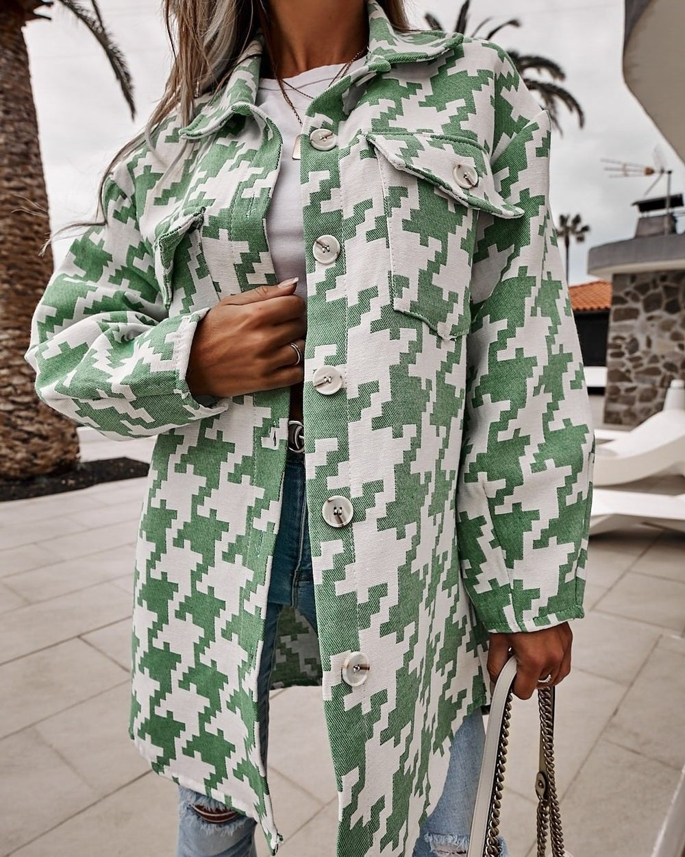Damen modischer Oversized Hemdenjacke im Hahnentritt-Muster Heidi-Mode