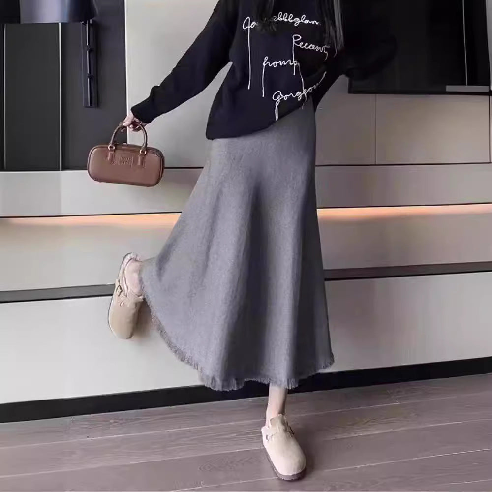 Damen Maxirock aus weichem, strukturiertem Strickstoff mit fransigem Saum Heidi-Mode