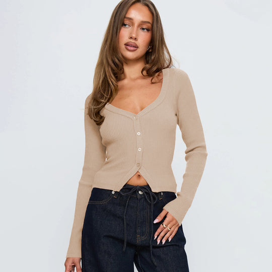 Damen Elegantes Ripp-Cardigan mit V-Ausschnitt und Knopfleiste Heidi-Mode