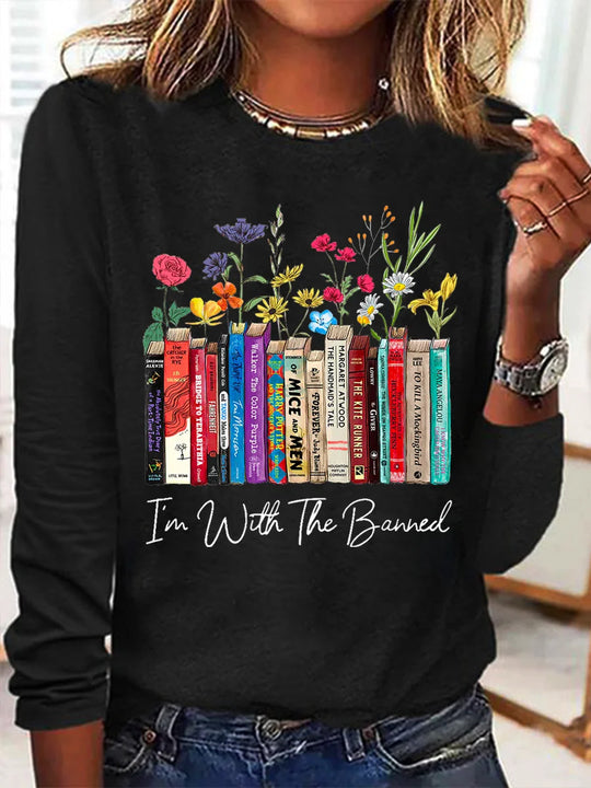 Damen Langarmshirt mit Bücher- und Blumenmotiv Heidi-Mode