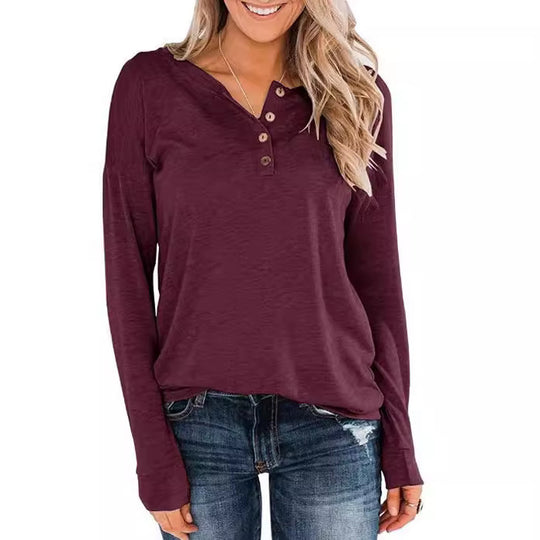 Damen modisches Langarm-Henley-Shirt mit Knopfleiste Heidi-Mode