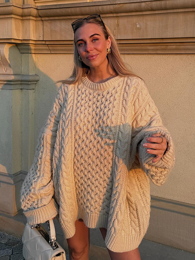 Damen Oversized Strickpullover mit Zopfmuster Heidi-Mode