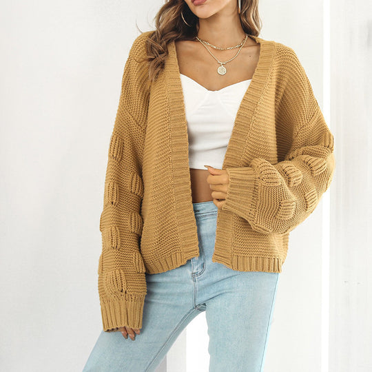 Damen Grobstrick Cardigan mit breiten Ärmeln und V-Ausschnitt Heidi-Mode