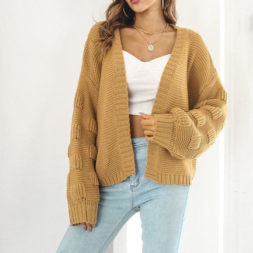 Damen Grobstrick Cardigan mit breiten Ärmeln und V-Ausschnitt Heidi-Mode