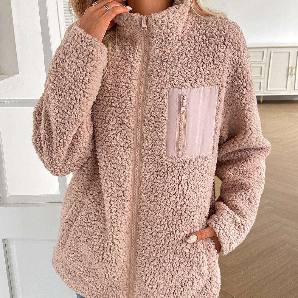 Damen kuschelige Fleecejacke mit hohen Kragen und praktischen Taschen Heidi-Mode