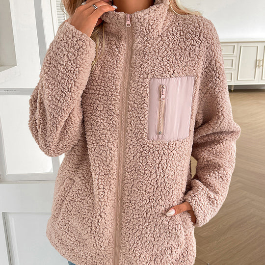 Damen kuschelige Fleecejacke mit hohen Kragen und praktischen Taschen Heidi-Mode