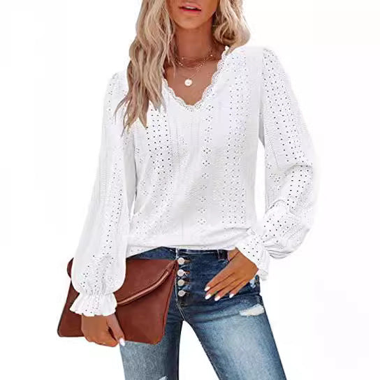 Damen Bluse mit Spitzenmuster und Ballonärmeln Heidi-Mode