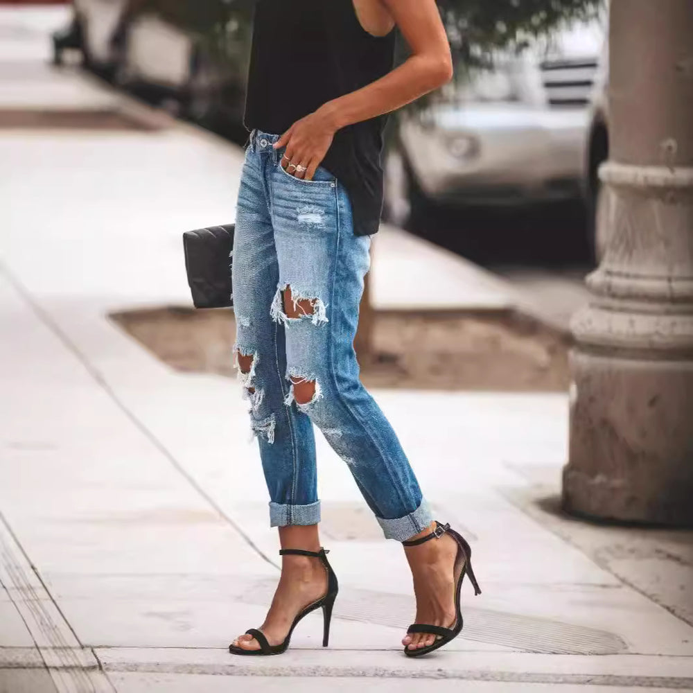 Damen Ripped Boyfriend Jeans mit lässigem Schnitt und fransigen Elementen Heidi-Mode
