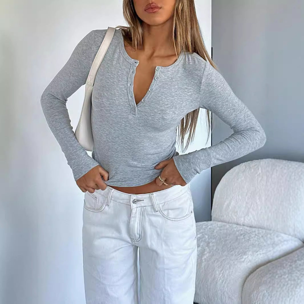 Damen Langarm-Hemd mit Knopfleiste und schmalem Schnitt Heidi-Mode