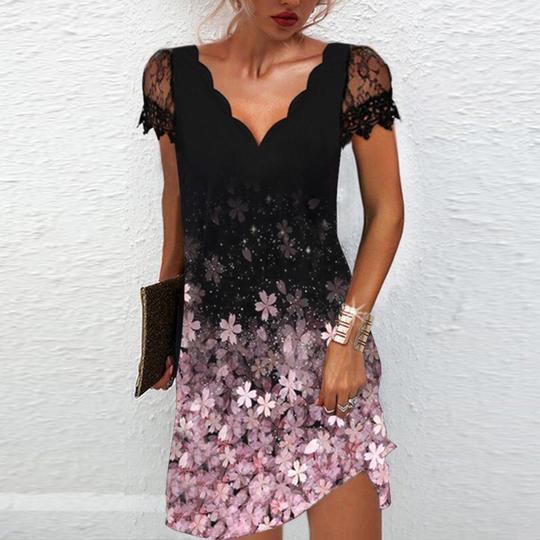 Heidi-Mode | Trendiger Print Welle V-Ausschnitt Spitze Kurze Ärmel Kleid