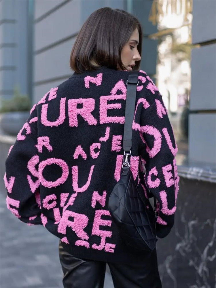 Damen Oversized Strickpullover mit auffälligem Schriftzug und lässiger Passform Heidi-Mode
