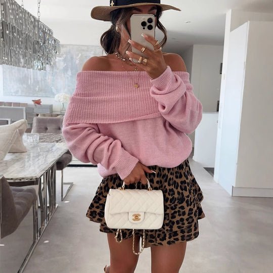 Damen lässiger Off-Shoulder Pullover mit Rippenstruktur Heidi-Mode