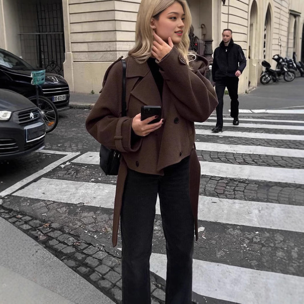 Damen modische und überschnittene Wolljacke mit doppelter Knopfleiste Heidi-Mode