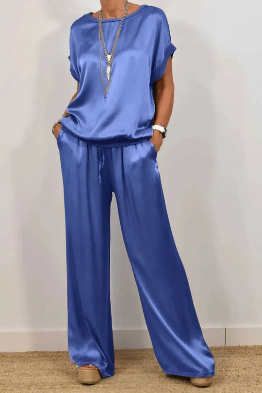 Damen Elegantes Satin Lounge-Set mit weitem Schnitt und lässigem Oberteil Heidi-Mode
