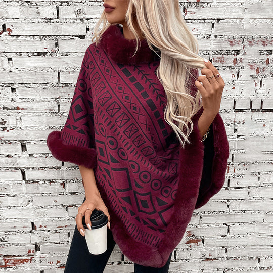 Damen modischer Poncho mit dekorativem Kunstfellkragen Heidi-Mode