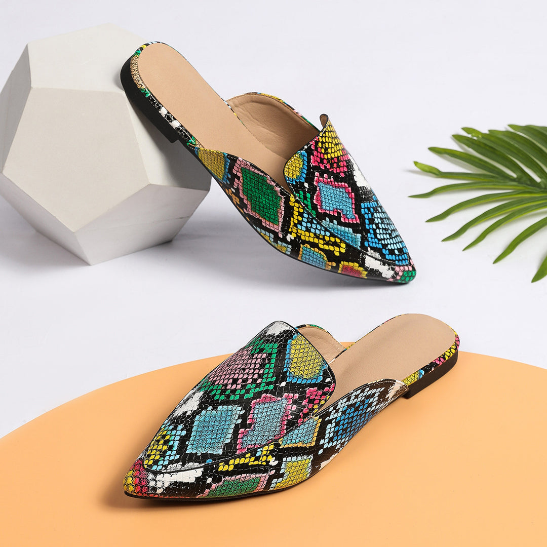Damen Slip-On Mules mit buntem Schlangenmuster und komfortablem Fußbett Heidi-Mode