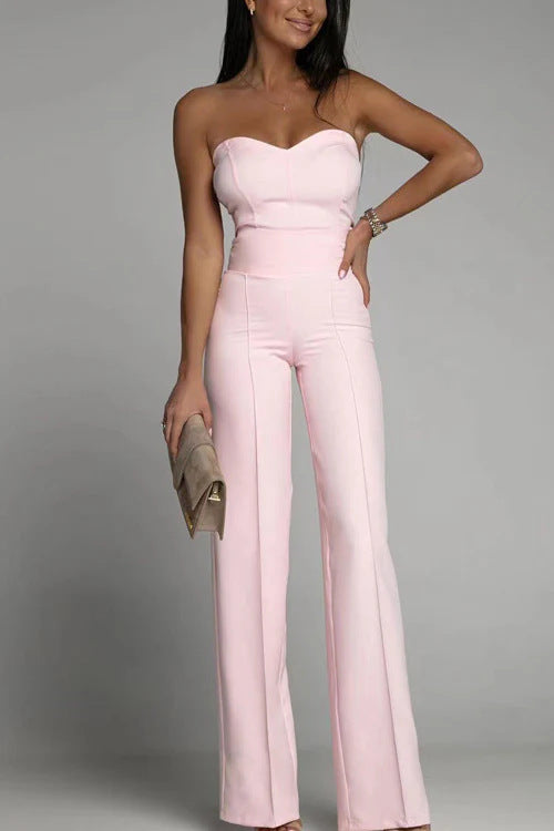 Damen schulterfreier Jumpsuit mit elegantem Herz-Ausschnitt und weitem Bein Heidi-Mode