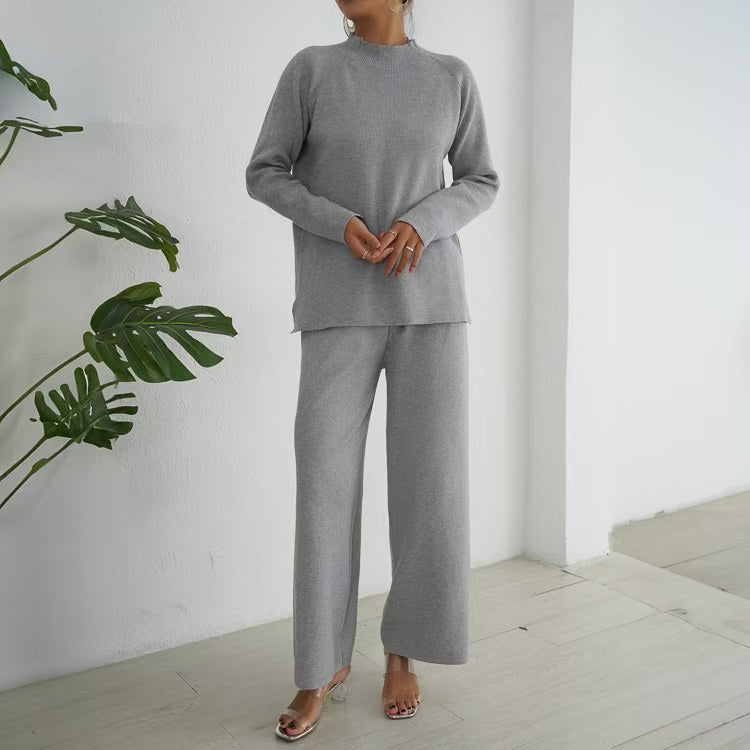 Damen elegantes und lässiges Strick-Loungewear-Set mit hohem Kragen und weiten Beinen Heidi-Mode