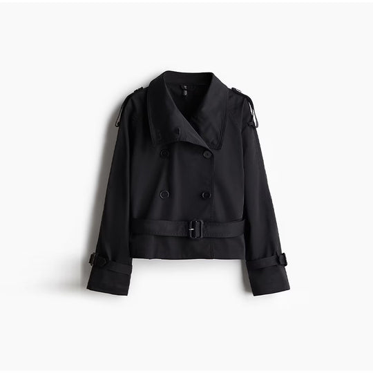 Damen trendige Kurzjacke im modernen Trenchcoat-Stil mit breitem Kragen und Taillengürtel Heidi-Mode