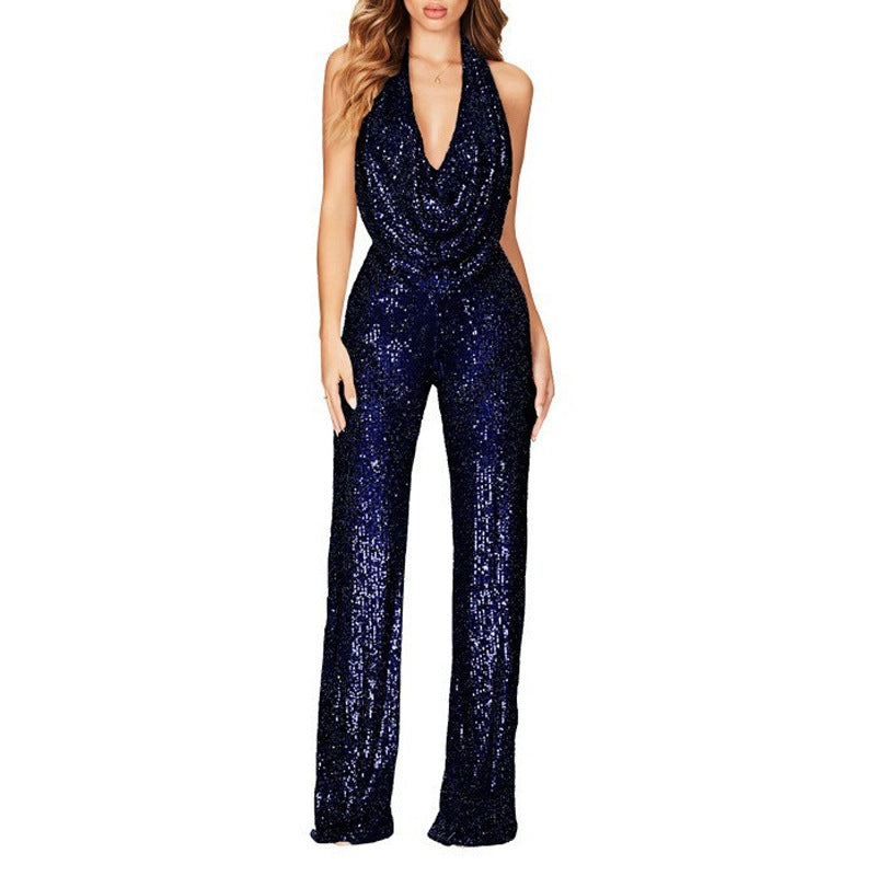 Damen Glitzerndes Jumpsuit mit tiefem V-Ausschnitt und weitem Bein Heidi-Mode