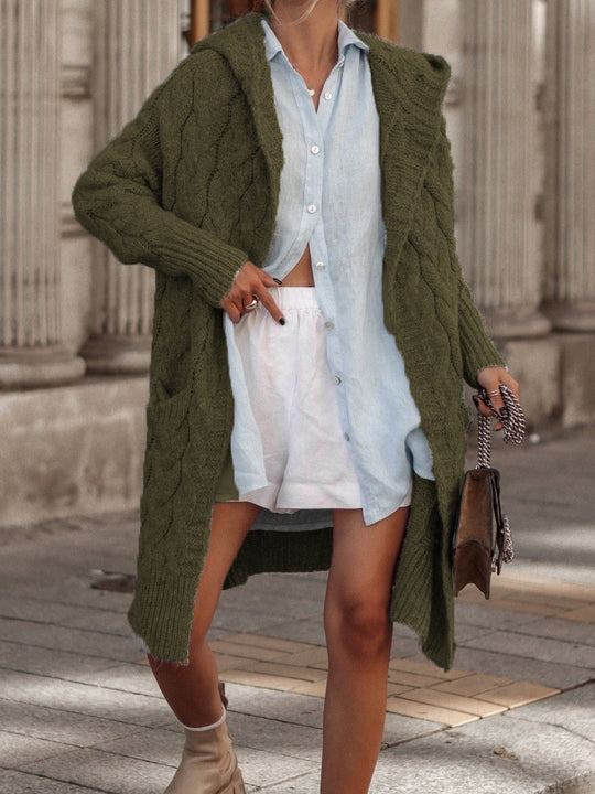 Damen Grobstrick-Cardigan mit offenem Schnitt und Kapuze Heidi-Mode