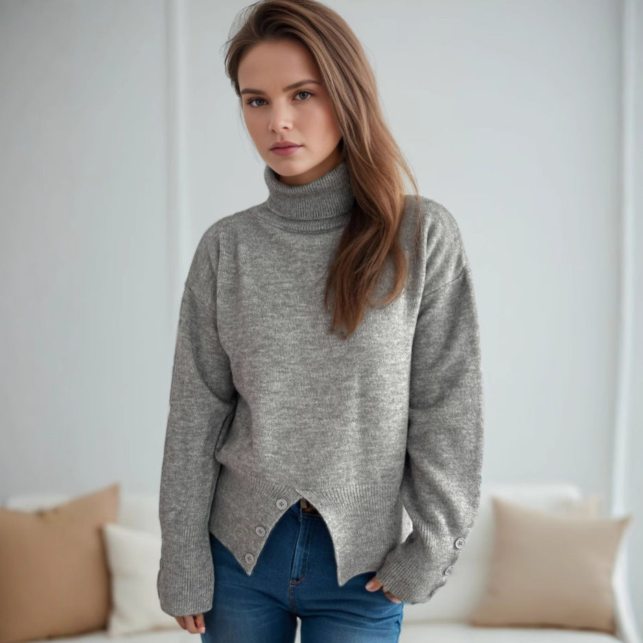 Damen modischer Rollkragenpullover mit Knopfdetails und asymmetrischem Saum Heidi-Mode