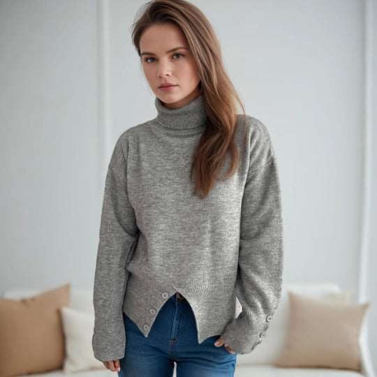 Damen modischer Rollkragenpullover mit Knopfdetails und asymmetrischem Saum Heidi-Mode