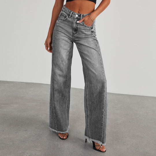 Damen Weit geschnittene Jeans mit trendigem fransigem Saum Heidi-Mode