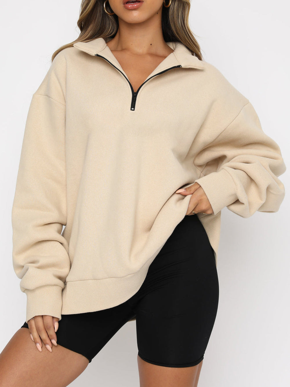 Heidi-Mode | Zip Up Kragenlose Einfarbige Sweatshirt Pullover
