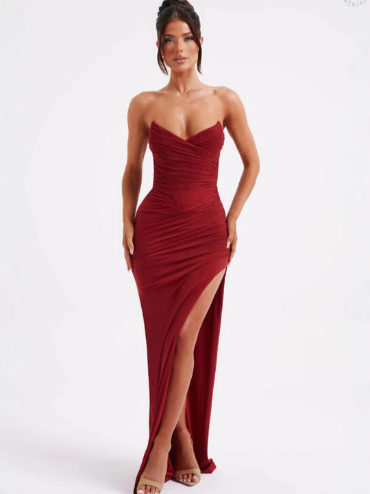 Damen Elegantes Wickelkleid mit schulterfreiem Design und hohem Schlitz Heidi-Mode