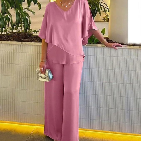 Damen Zweiteiler-Set mit fließendem Oberteil und weitem Hosen Heidi-Mode