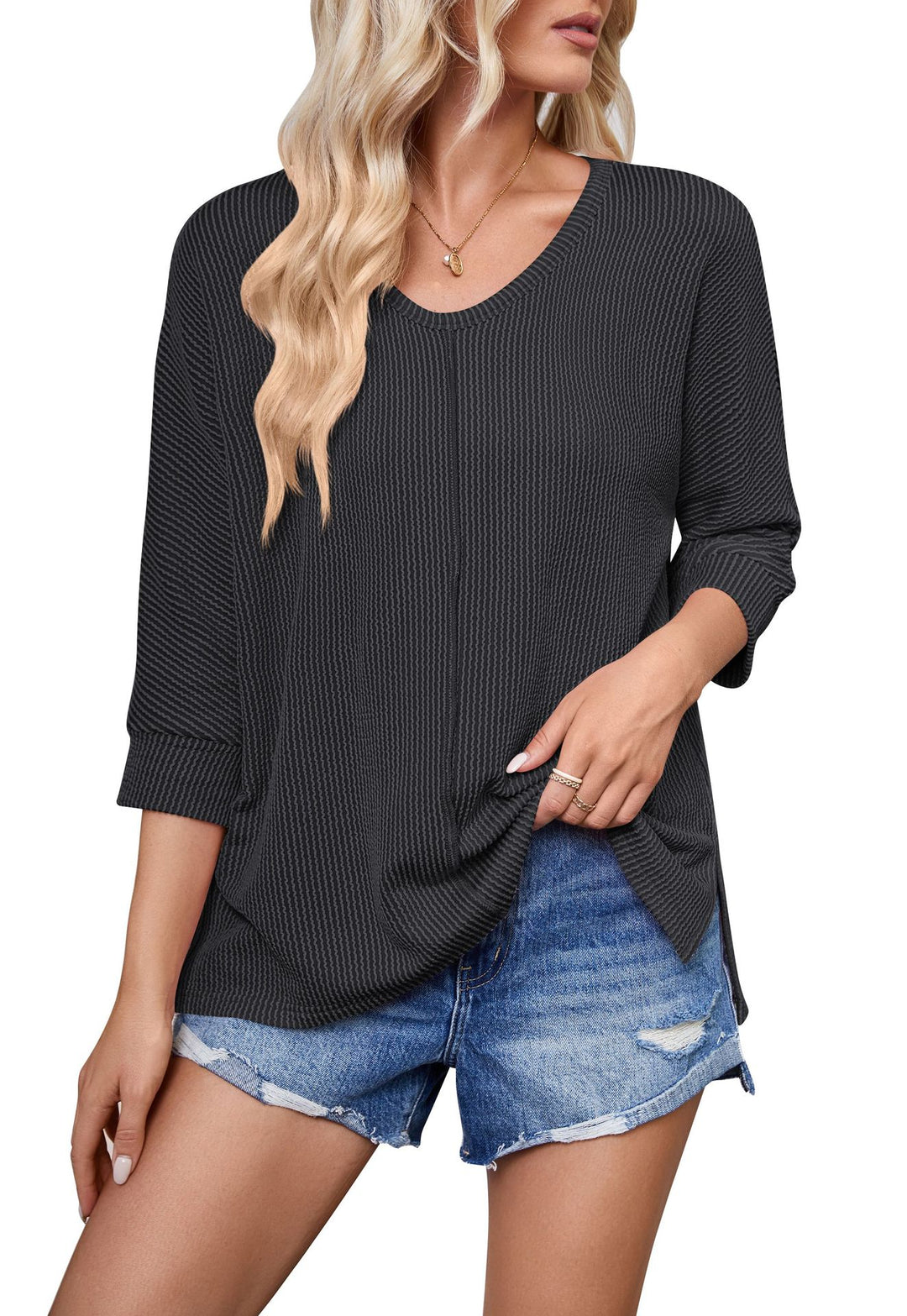 Damen lässiges V-Neck Oberteil mit strukturiertem Design und lockerer Passform Heidi-Mode