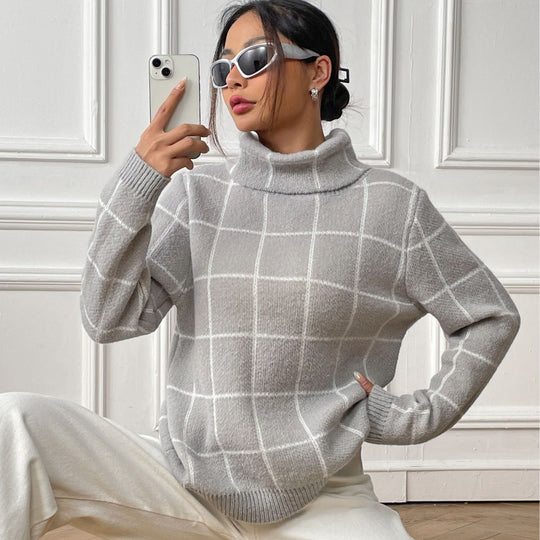 Damen Pullover mit hohem Kragen und kariertem Muster Heidi-Mode
